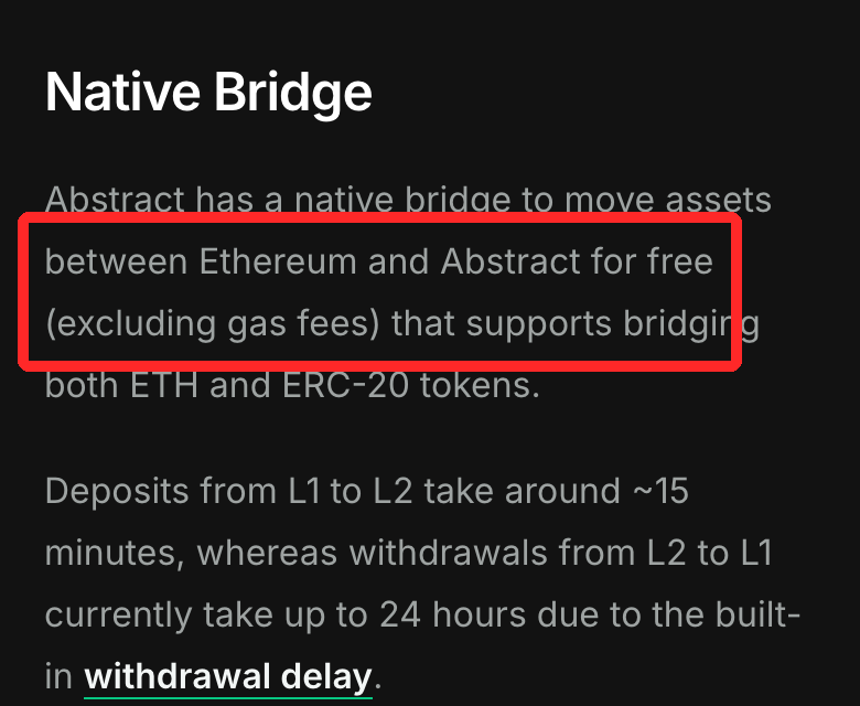 Abstract公式ドキュメント「Bridges」。ネイティブブリッジは「for free (excluding gas fees)」に赤枠