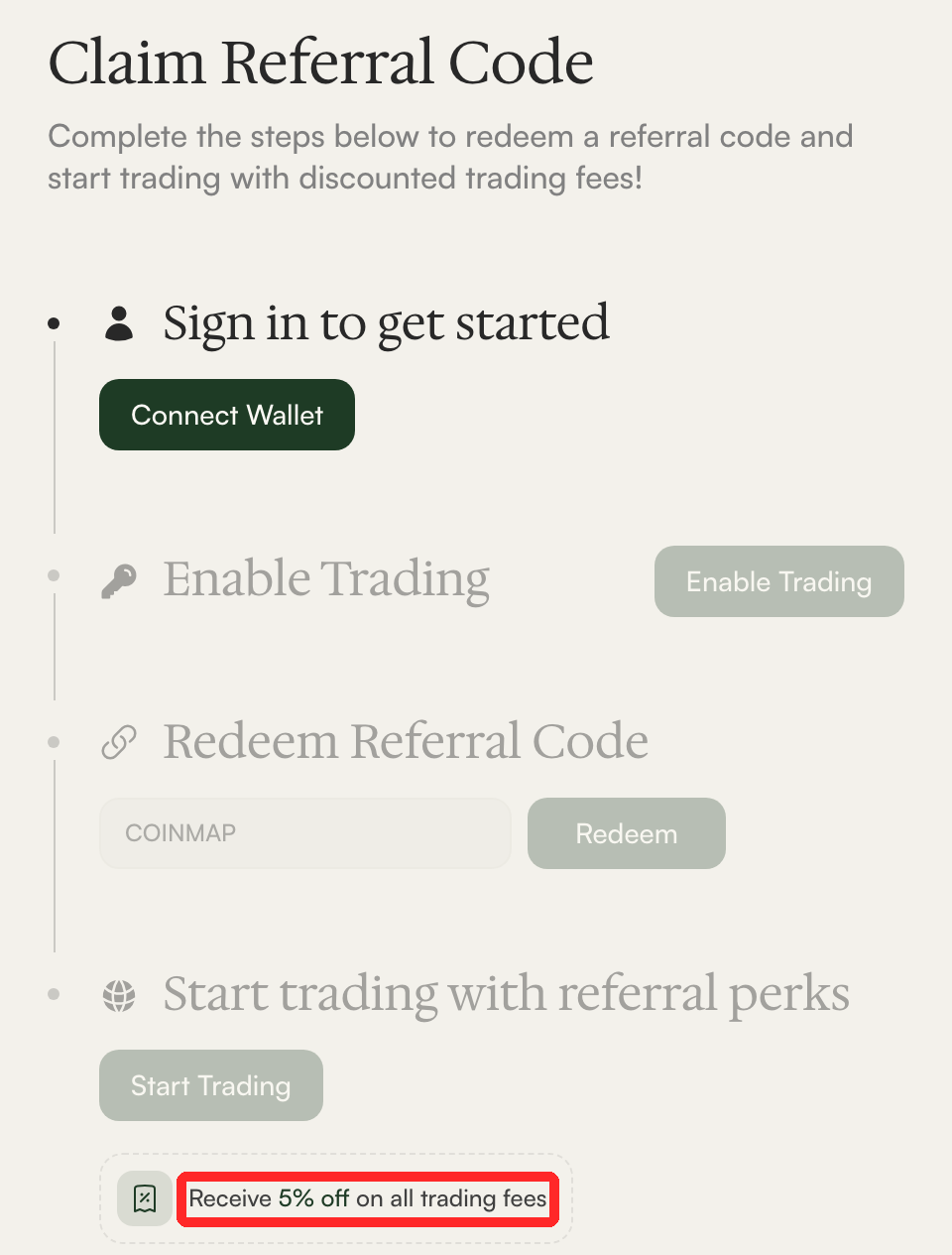 Arcus公式アプリの紹介コード画面。COINMAPが入力され、取引手数料5%オフと表示されている