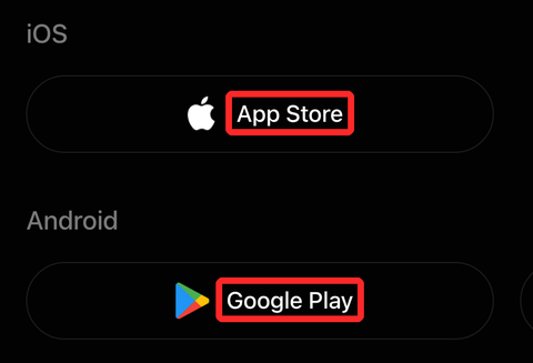 BingX公式のアプリダウンロードページ。iOSのApp StoreとAndroidのGoogle Playのボタンが赤枠で囲まれている