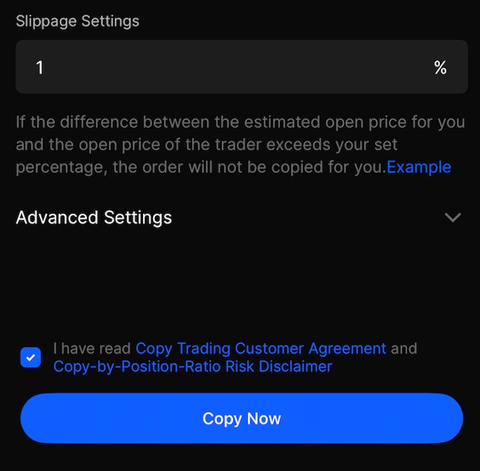 BingXのコピー取引の設定画面の下部（英語表示）。Advanced Settings、規約への同意のチェック、青いCopy Nowボタンがある