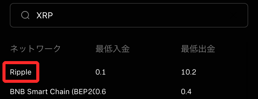 BingXの手数料スケジュールの入出金タブでXRPを検索した結果。RippleネットワークはXRPの最低入金が0.1、BNB Smart Chain（BEP20）は0.6