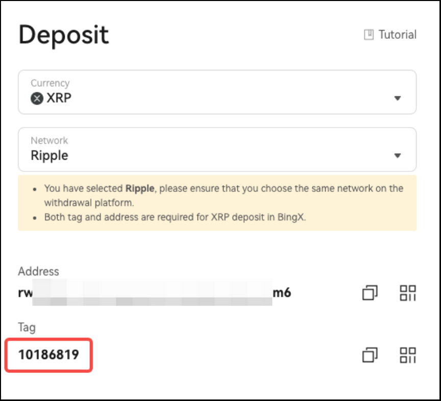 BingXのXRP入金画面の図（英語表示）。ネットワークはRipple、タグとアドレスの両方が必要という注意書き、ぼかしたアドレスの下にTagの欄が赤枠で囲まれている