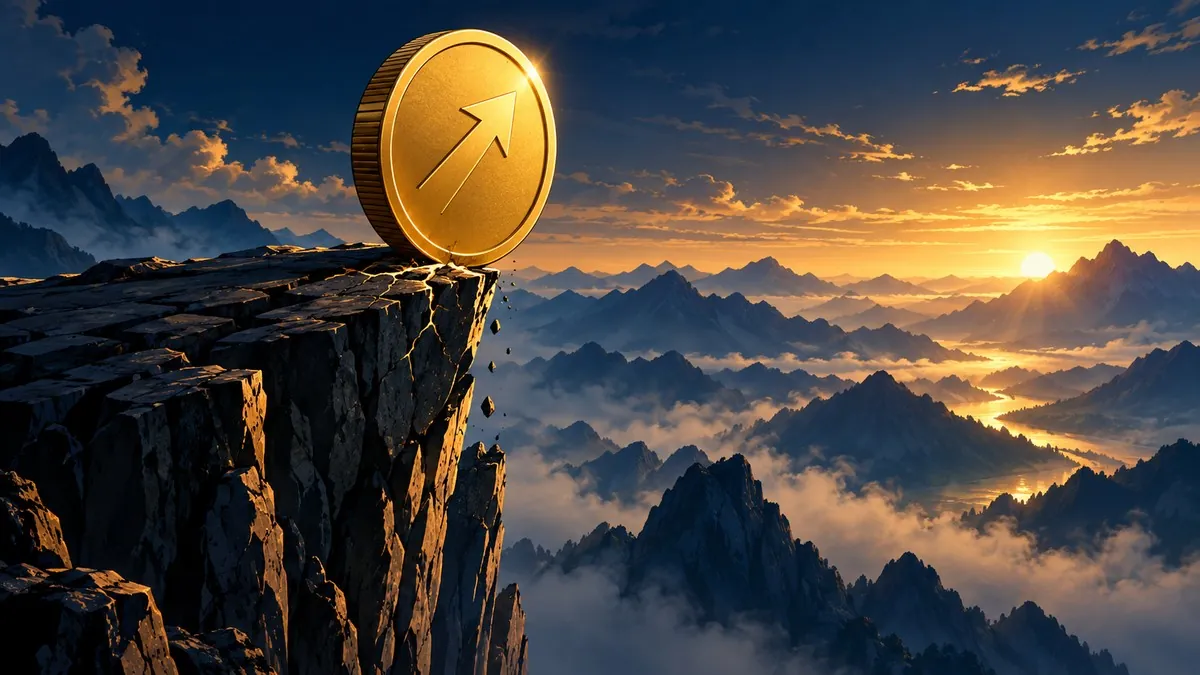 ビットコインを象徴する黄金コインが崖の端でバランスを取る編集イラスト
