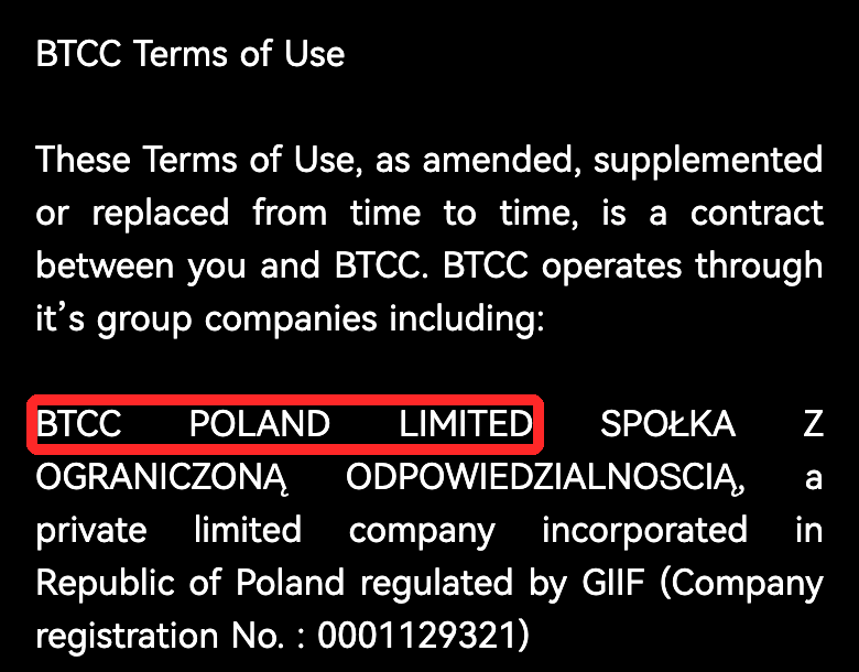BTCCの利用規約の冒頭。運営会社としてポーランドのBTCC POLAND LIMITEDの名前が書かれている