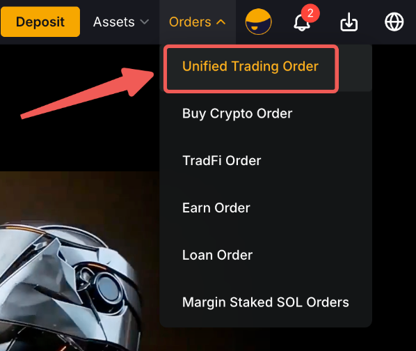 BybitのOrdersメニュー。Unified Trading Orderが赤枠で囲まれている