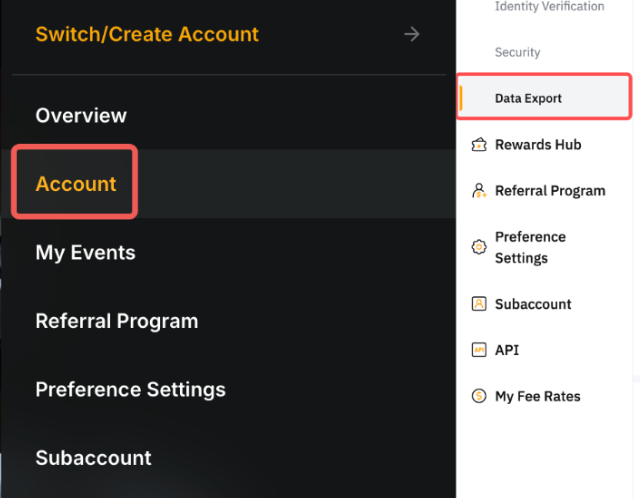 Bybitのプロフィールメニュー。Accountを開き、左のメニューからData Exportを選ぶ