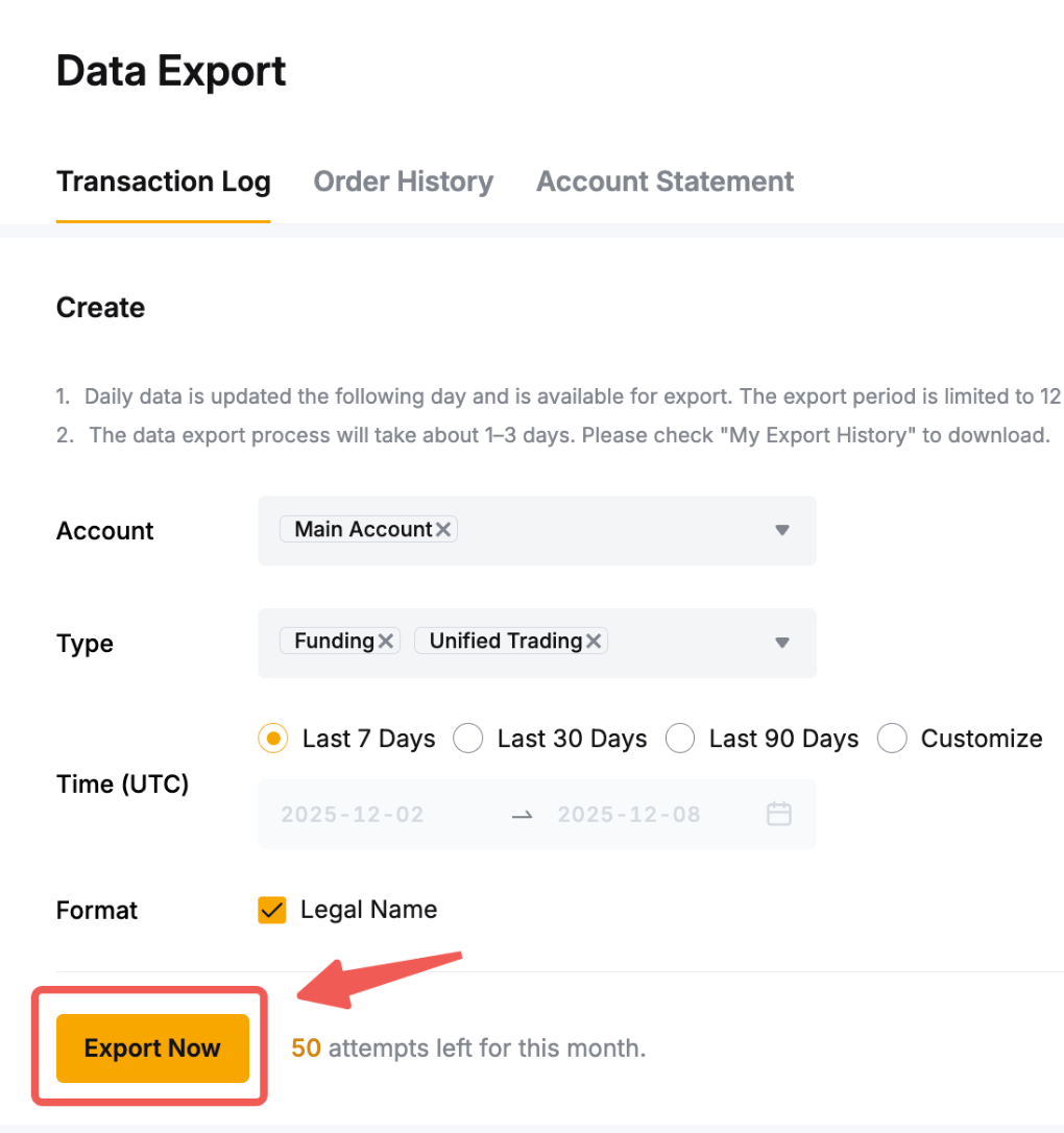 BybitのData Export画面。種類のタブ、アカウント、種類、UTCの期間、氏名の有無を選び、Export Nowを押す。今月あと50回と表示