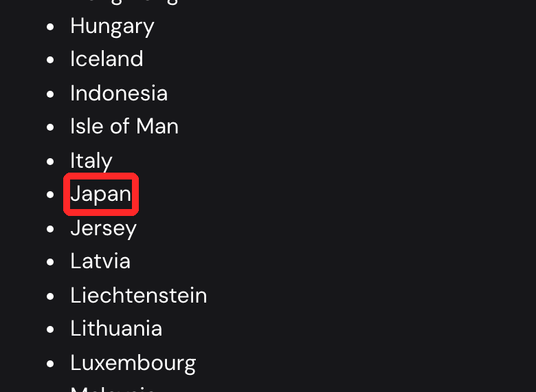 ether.fi公式ヘルプのCashカード対象国の一覧（Japanを赤枠）