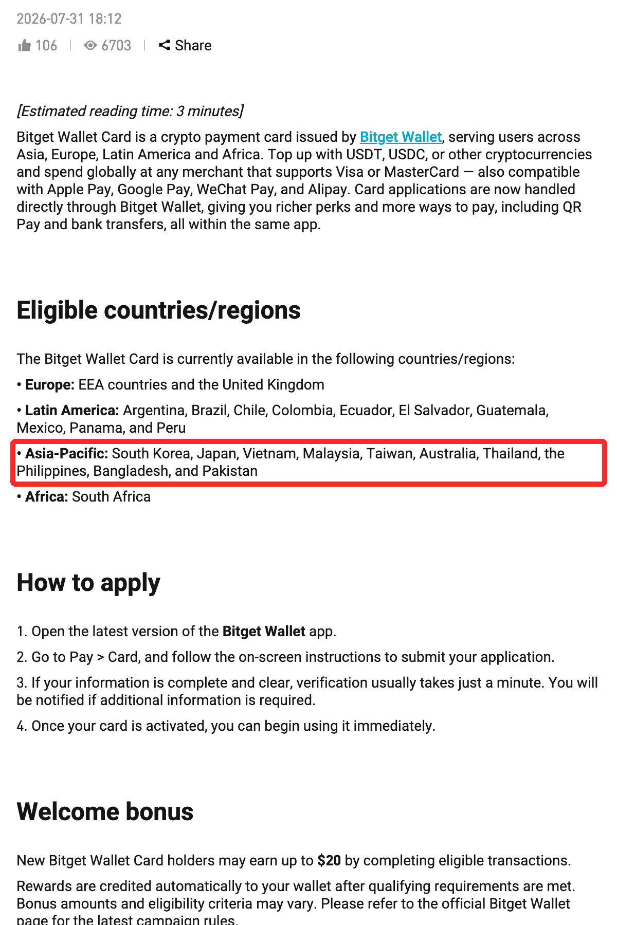 Bitgetサポート記事の「Eligible countries/regions」。Asia-Pacificの行（South Korea, Japan, …）に赤枠