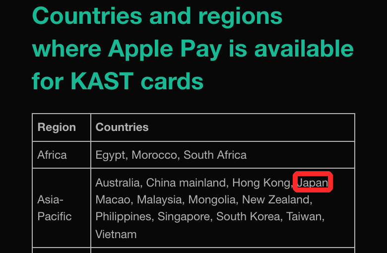 KAST公式ヘルプ「Apple Pay Availability for KAST Cards」の対象国一覧。アジア太平洋の欄の「Japan」に赤枠
