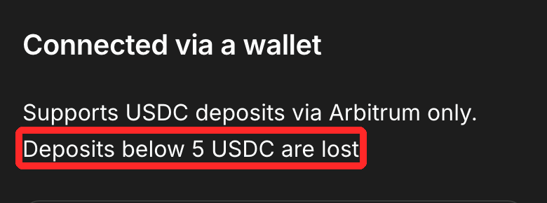 Hyperliquid公式サポートの、ウォレット接続ではArbitrumのUSDCだけ・5 USDC未満は失われるという説明