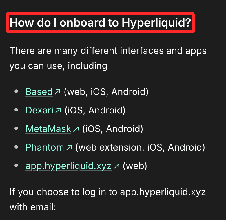 Hyperliquid公式ドキュメントの「How do I onboard to Hyperliquid?」。Based・Dexari・MetaMask・Phantom・app.hyperliquid.xyzの5つが並ぶ