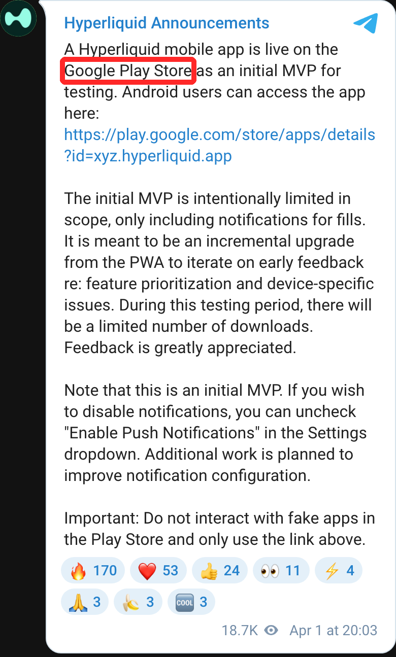 Hyperliquid公式Telegramの告知。Google Playでモバイルアプリを試験版として公開したという投稿