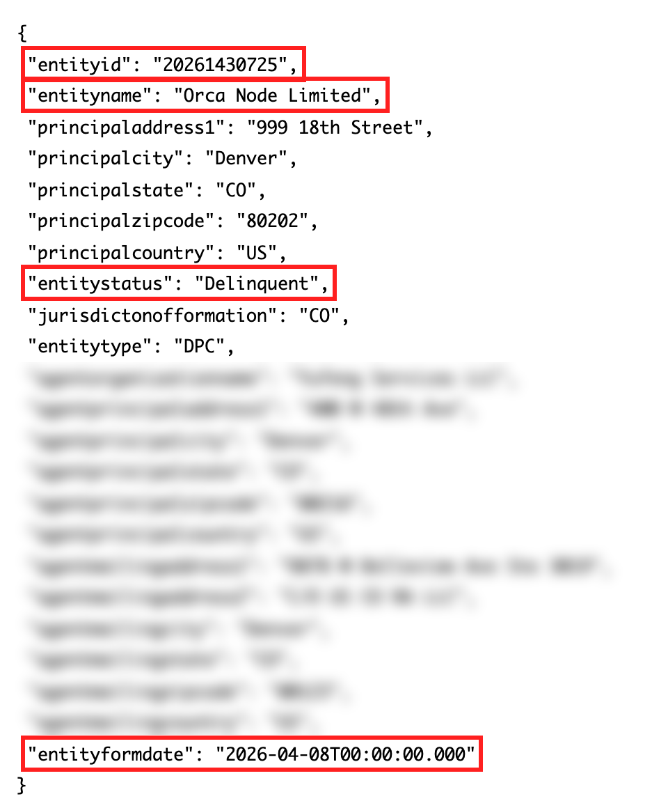 コロラド州の法人データ。Orca Node Limitedの設立日2026年4月8日、状態Delinquent
