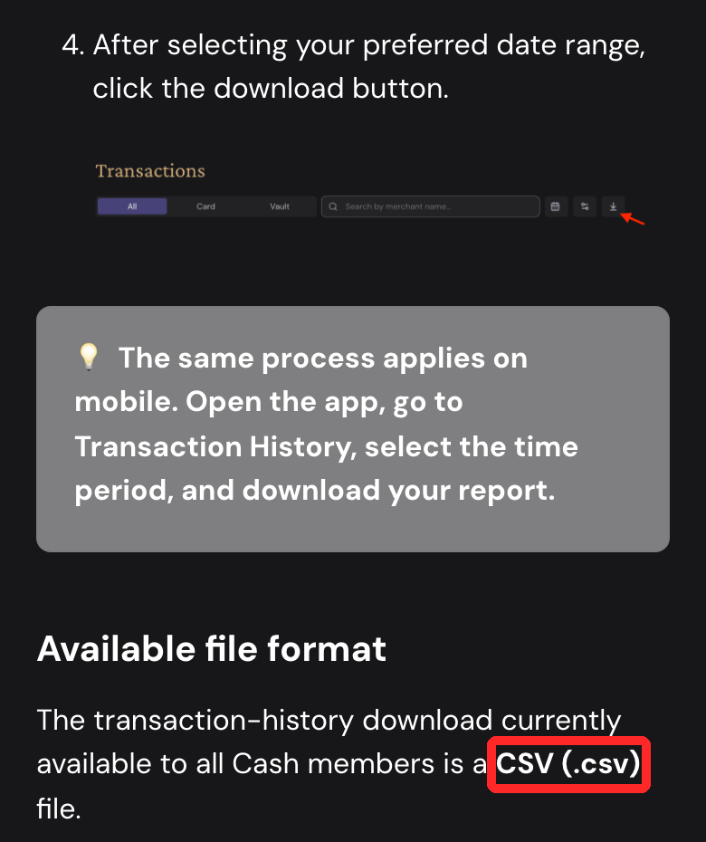 ether.fi公式ヘルプ。Cashカードの取引履歴を期間を選んでCSVで書き出せることを示した部分