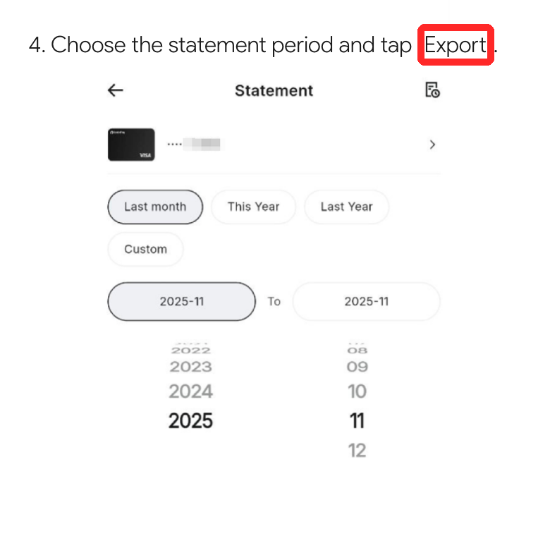 RedotPay公式ヘルプ。明細の期間を選んでExportするとメールで届く手順