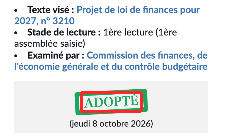 フランス国民議会の修正案 n°I-CF1822 のページ。状態の表示「Adopté (jeudi 8 octobre 2026)」が赤枠で囲まれている
