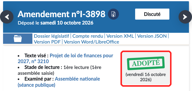 フランス国民議会の修正案 n°I-3898 のページ。状態の表示「ADOPTÉ(vendredi 16 octobre 2026)」が赤枠で囲まれている
