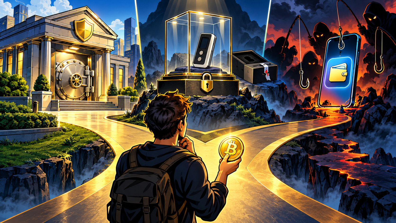 仮想通貨の3つの保管場所（取引所の金庫、ハードウェアウォレット、スマホのウォレット）を比べるイラスト