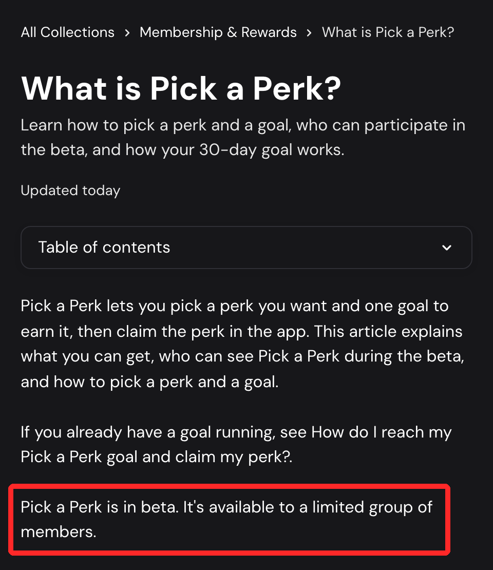 ether.fi公式ヘルプ「What is Pick a Perk?」の冒頭。「Pick a Perk is in beta. It's available to a limited group of members.」に赤枠