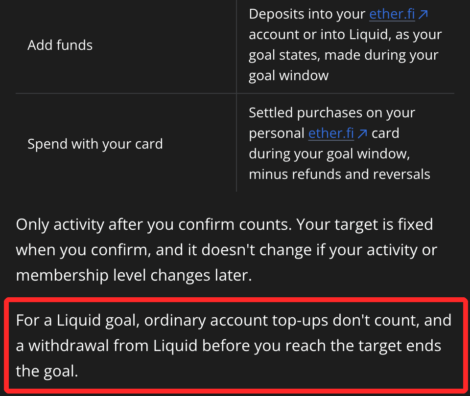 ether.fiのPick a Perkの規約。目標の種類の表（Add funds・Spend with your card）と、「For a Liquid goal, ordinary account top-ups don't count, and a withdrawal from Liquid before you reach the target ends the goal.」に赤枠