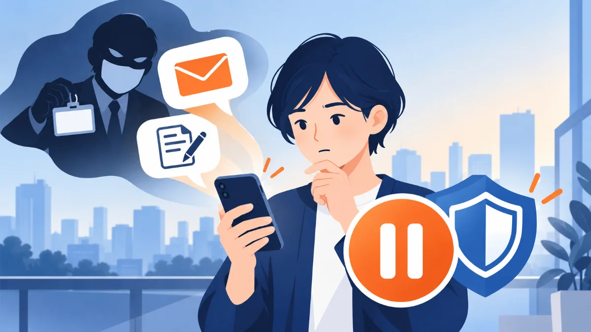 スマートフォンに届いた口座開設の指示を前に、手を止めて確かめる人のイラスト