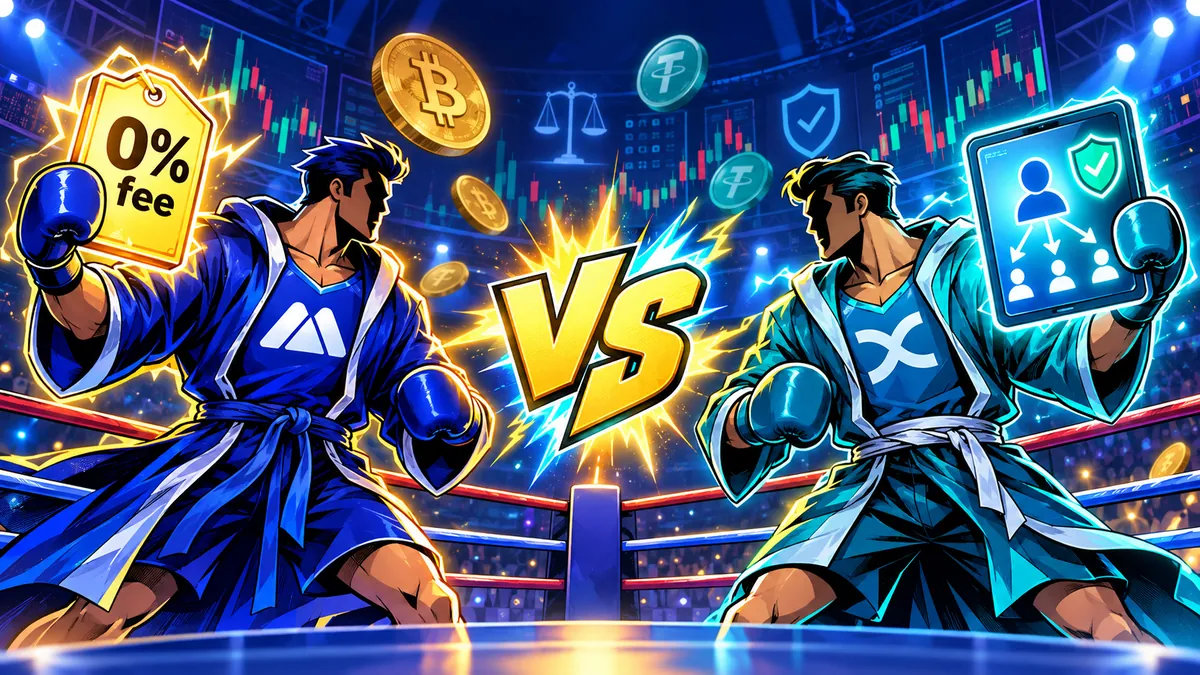 MEXCとBingXをイメージした2人のファイターが「VS」をはさんで向かい合い、手数料0%の値札とコピートレードのタブレットを掲げている比較イメージのイラスト