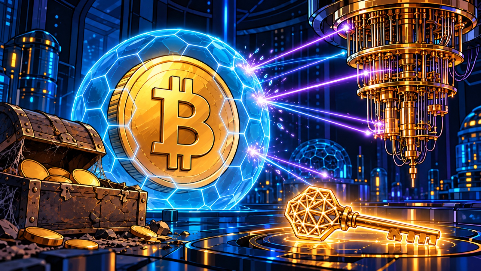 量子コンピュータとビットコインの関係を解説するイメージイラスト