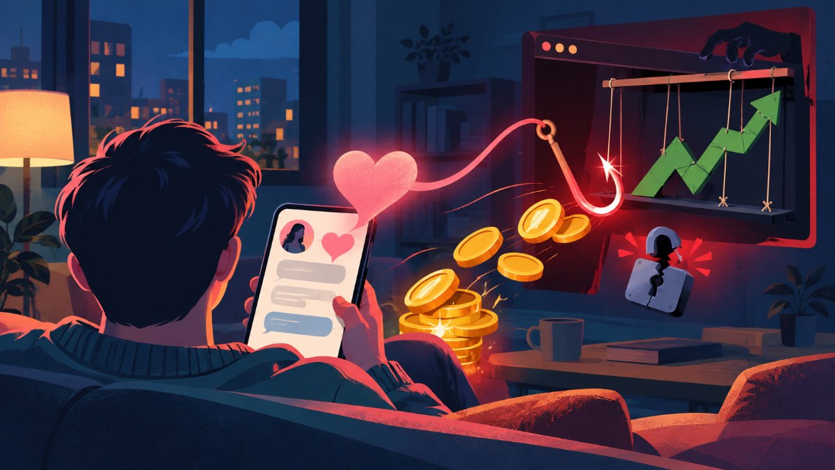 マッチングアプリで知り合った相手に仮想通貨の投資を勧められる様子のイラスト