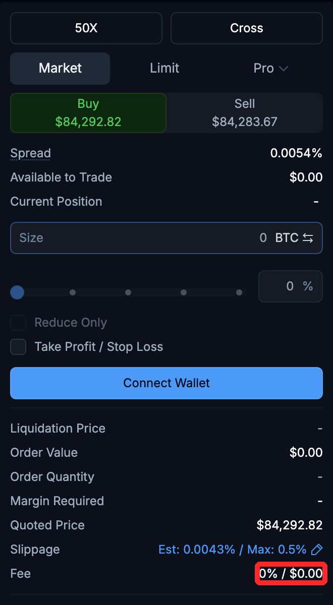 Variational Omniの注文画面（ウォレット接続前）。レバレッジ50倍、BTCのスプレッド0.0054%、手数料0%と表示されている