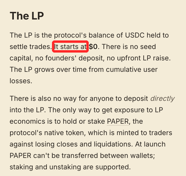 Papertrade公式ドキュメントのLPの説明。LPは0ドルから始まり、元手や創業者の入金はないと書かれた部分を赤枠で囲んでいる
