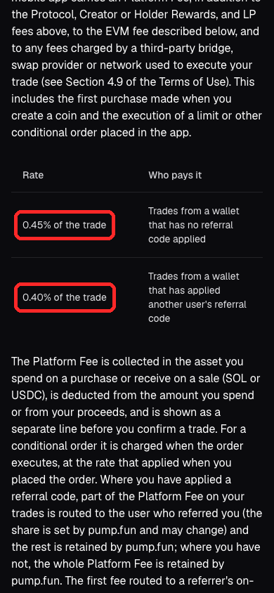 Pump.fun公式の手数料表。Platform Feeは紹介コードなし0.45%、紹介コードあり0.40%