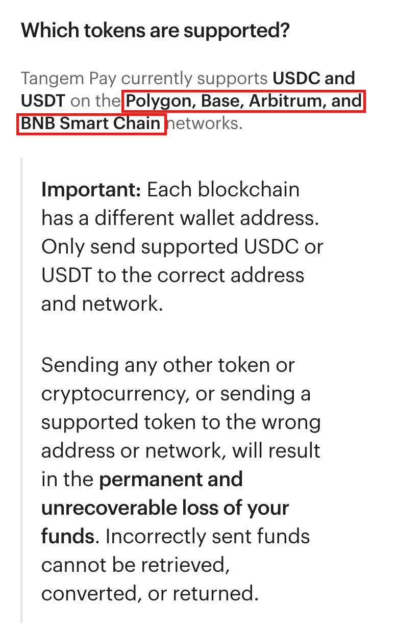 Tangemヘルプの「Which tokens are supported?」。USDCとUSDTをPolygon・Base・Arbitrum・BNB Smart Chainで受け付けると書かれ、ネットワーク名が赤枠で囲まれている。下に、別のトークンや違うネットワークに送ると戻らないという警告が続く