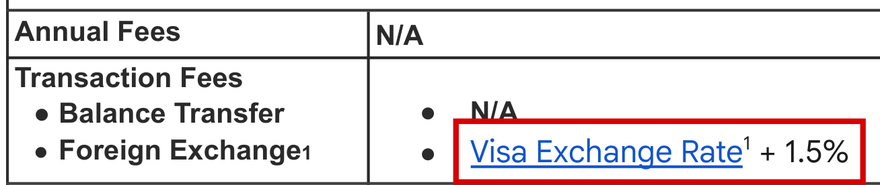 Tangem Payのカード規約の手数料表。外国為替の欄に「Visa Exchange Rate＋1.5%」と書かれ、赤枠で囲まれている