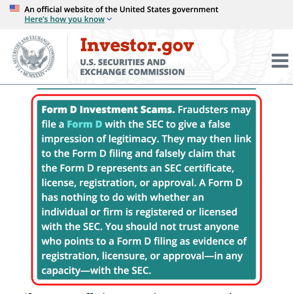 SECの投資家向けサイトInvestor.govの「Form D Investment Scams」の注意喚起