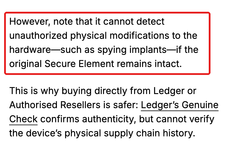 Ledger公式Academyの記事。Genuine Checkは元のセキュアエレメントが残っていれば物理的な改造を検出できないと書かれた箇所