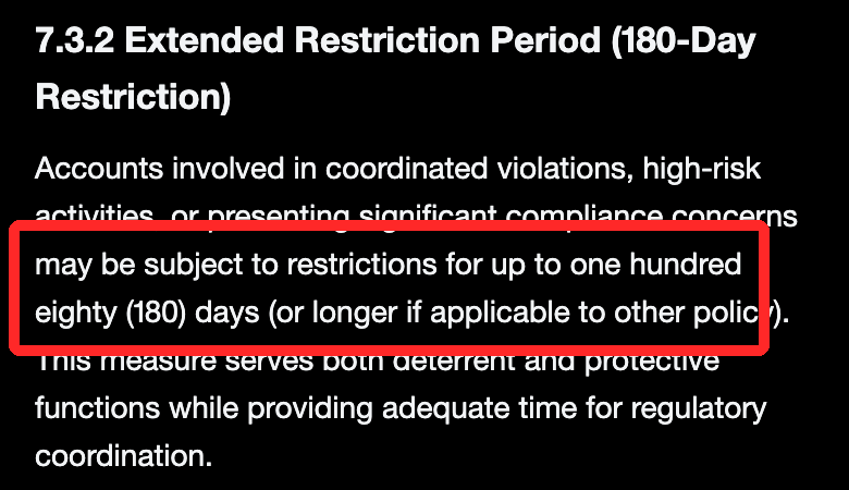 MEXC Risk Control Guidelineの「7.3.2 Extended Restriction Period(180-Day Restriction)」の原文。最大180日の制限に赤枠