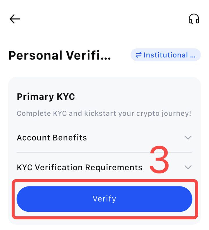 MEXCアプリの本人確認ページ。初級KYC（Primary KYC）の認証ボタン（Verify）が赤枠で示された公式ヘルプの図