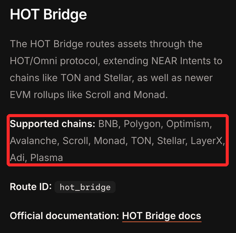 NEAR Intents公式ドキュメントのHOT Bridgeの節。対応チェーンBNB・Polygon・Optimism・Avalanche・Scroll・Monad・TON・Stellar・LayerX・Adi・Plasmaに赤枠
