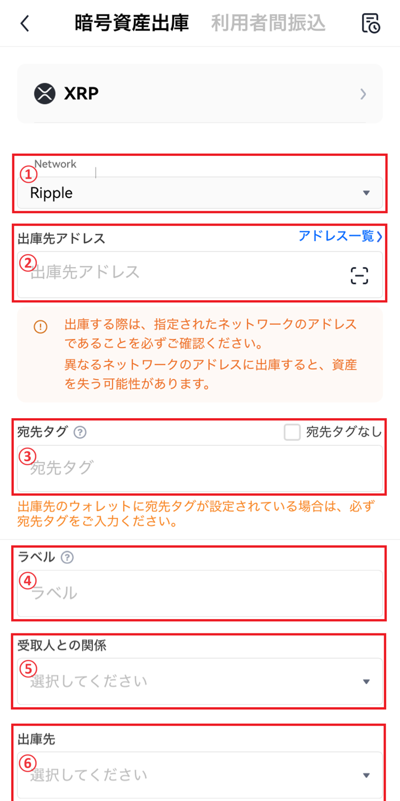 OKJアプリの暗号資産出庫画面（公式ヘルプの図）。ネットワークRipple、出庫先アドレス、宛先タグ、ラベル、受取人との関係、出庫先の欄