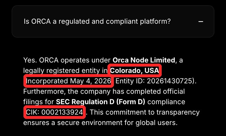 ORCA公式サイトのFAQ。「規制に沿ったプラットフォームか」に「はい」と答え、コロラド州で2026年5月4日に設立、SECのCIK番号を根拠に挙げている(iorca.xyz、2026年10月5日撮影)