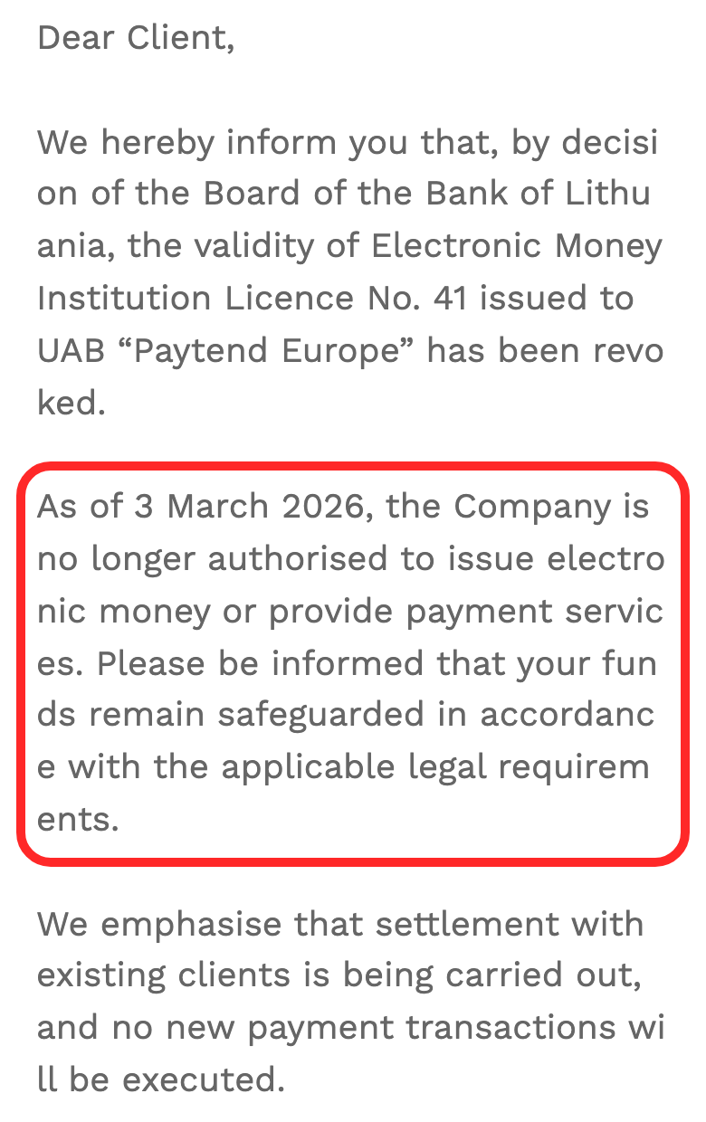 Paytend公式の告知。2026年3月3日から電子マネーの発行と決済サービスができず、資金は保全されていると書かれた部分を赤枠で囲んだ画面