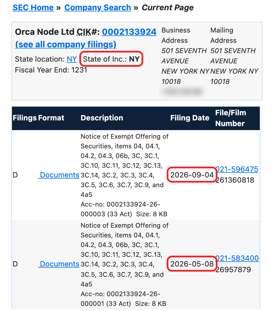 SEC EDGARのOrca Node Ltdの会社ページ。設立州NY、Form D 2件