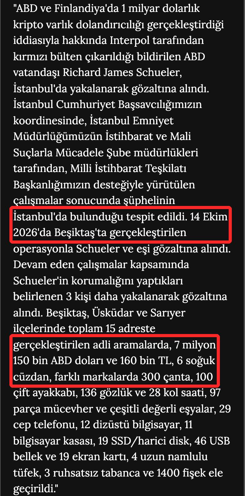 アナドル通信が掲載したトルコ法務大臣の発表。10月14日のベシクタシュでの拘束と、現金715万米ドル・コールドウォレット6個の押収に赤枠
