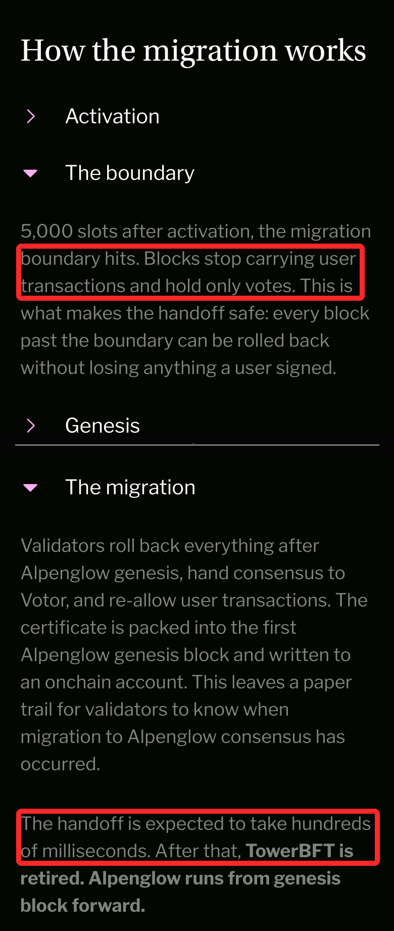 Anza公式ページのHow the migration worksの節。上はThe boundaryの説明で、Blocks stop carrying user transactions and hold only votes.の一文が赤枠。下はThe migrationの説明で、The handoff is expected to take hundreds of milliseconds.の一文が赤枠で囲まれている