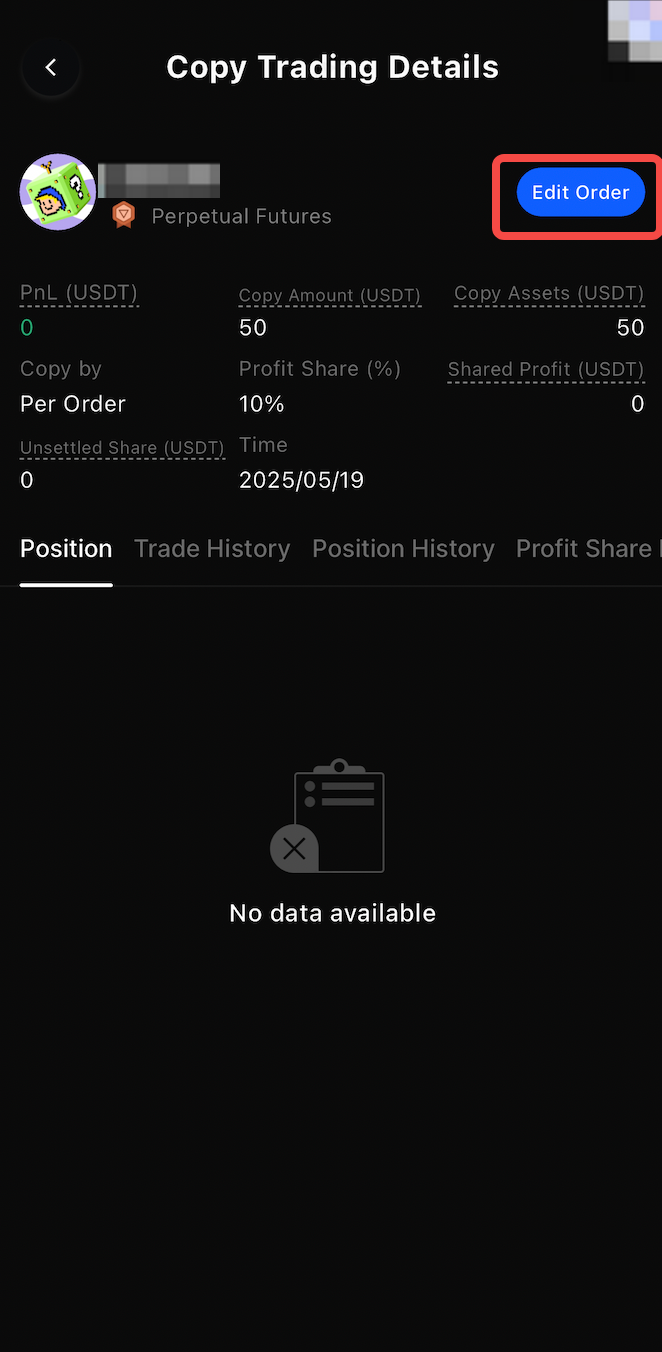 BingXアプリのコピー取引の詳細画面。PnL、Copy Amount、Profit Share 10%、Shared Profit、Unsettled Shareの欄と、右上のEdit Orderボタン