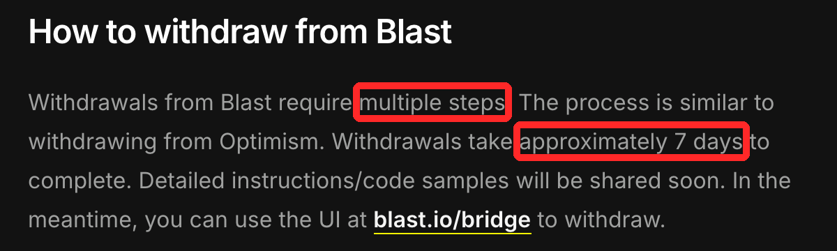 Blast公式ドキュメントの「How to withdraw from Blast」。「multiple steps」と「approximately 7 days」に赤枠