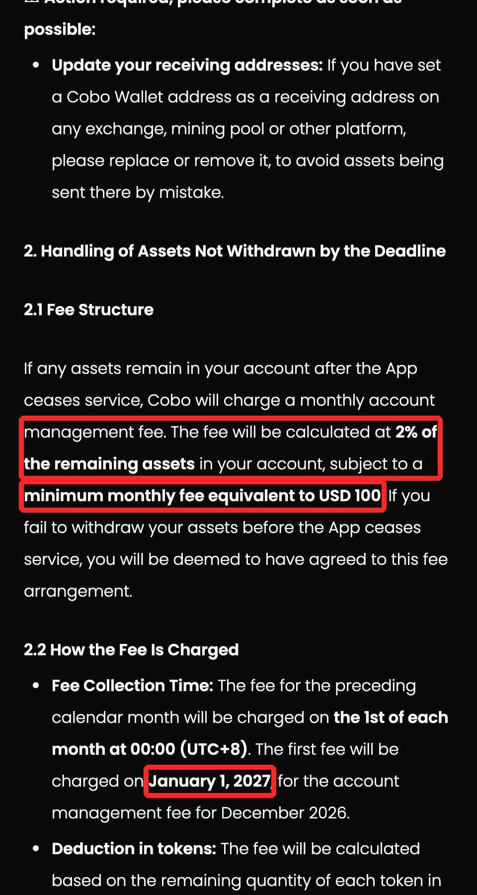 Cobo公式告知の「2% of the remaining assets」「minimum monthly fee equivalent to USD 100」「January 1, 2027」を赤枠で示した画面