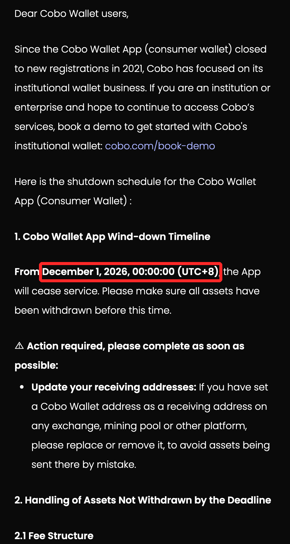 Cobo公式告知の「From December 1, 2026, 00:00:00 (UTC+8)」の部分を赤枠で示した画面