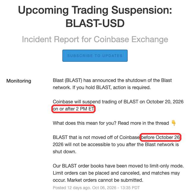Coinbase Exchangeの公式ステータス。BLASTの売買停止「on or after 2 PM ET」（10月20日）と、移す期限「before October 26」に赤枠